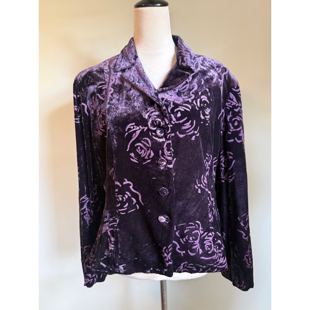 Jones New York Purple Silk Velvet Burnout Floral Blazer Jacket whimsi 16 boho y2